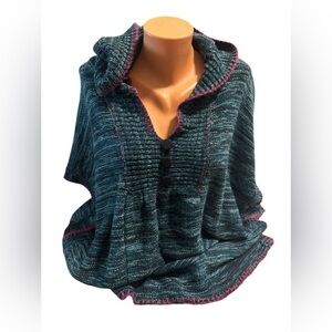 Maude Anthropologie Aztec Blue Marled Women's Hooded Poncho Pink Cross Stitch L